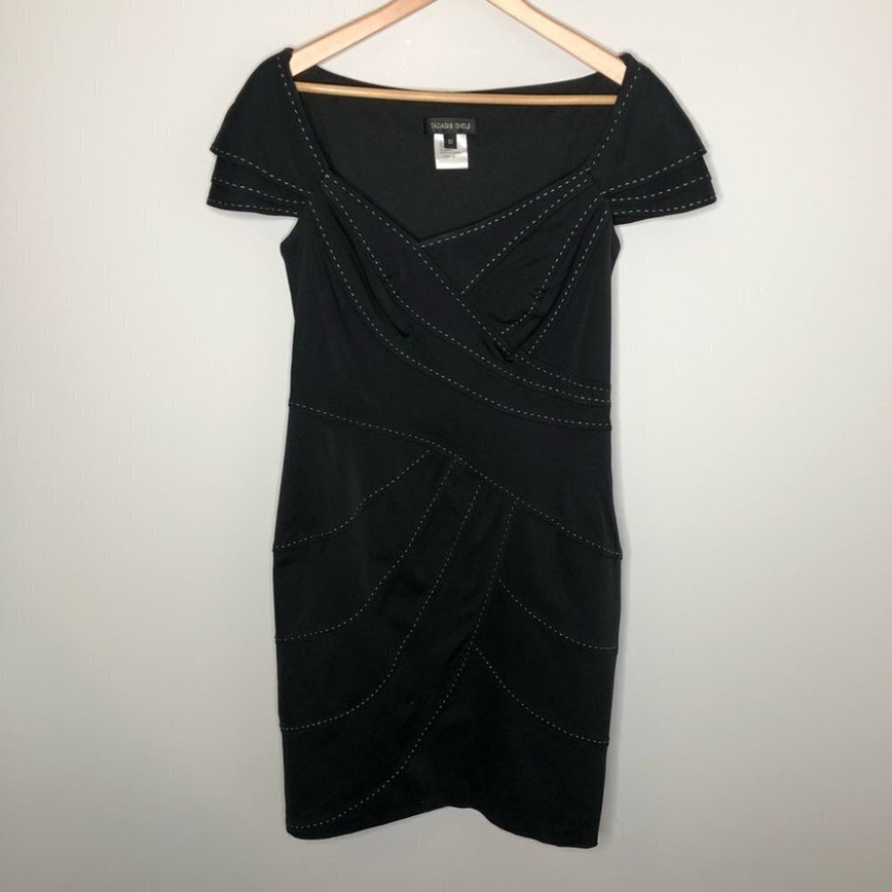TADASHI Shoji Black Cap Sleeve Asymmetrical Neckline Stitch Detail Dress Size 10